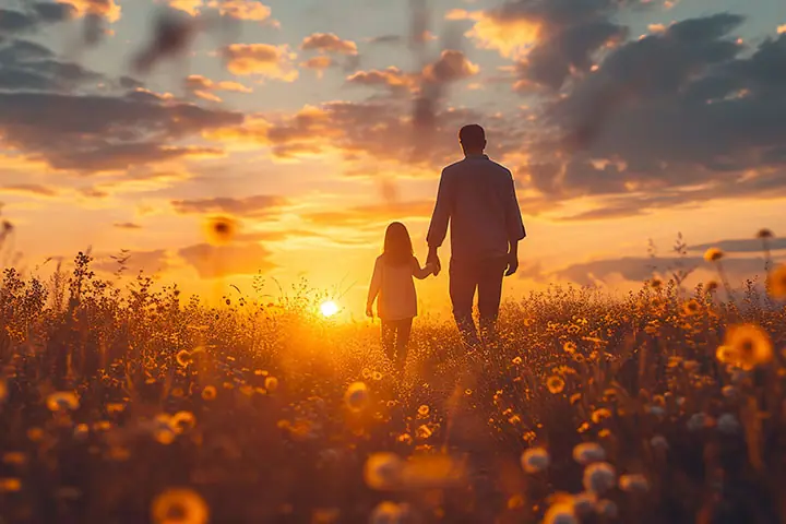 A father and his young daughter walk hand in hand through a field of flowers toward the sunset
